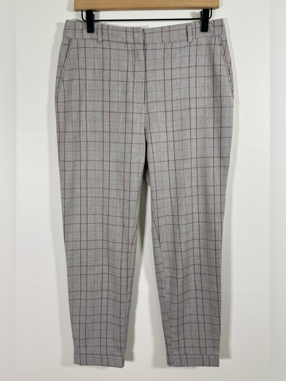 CAMAIEU Light Gray Plaid Windowpane Tailored Cuffed Tapered Leg Trousers Sz 8